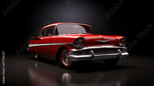 an antique red car is featured on a dark background photo