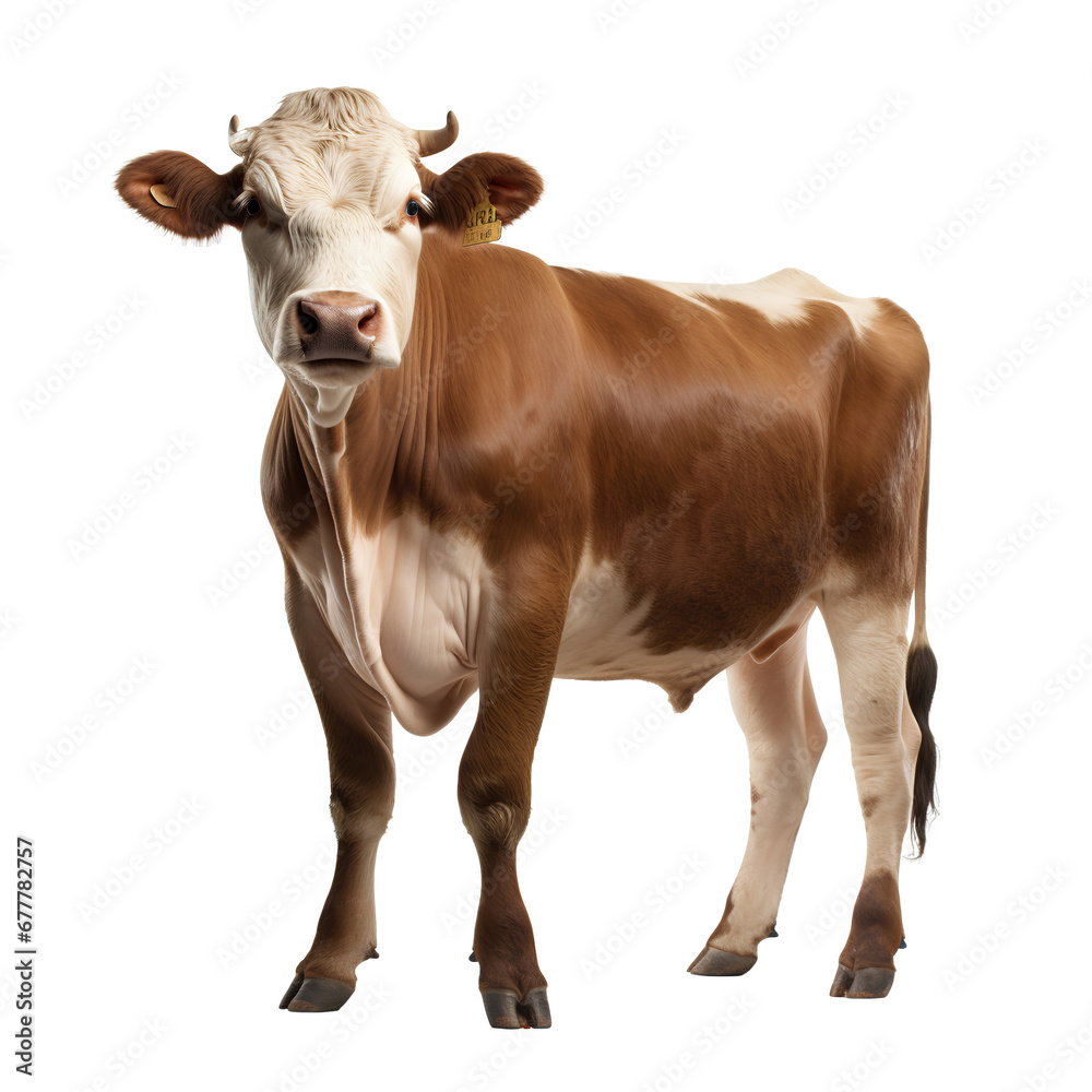 Full body image of a beef cow on transparent background PNG. Human food industry concept.