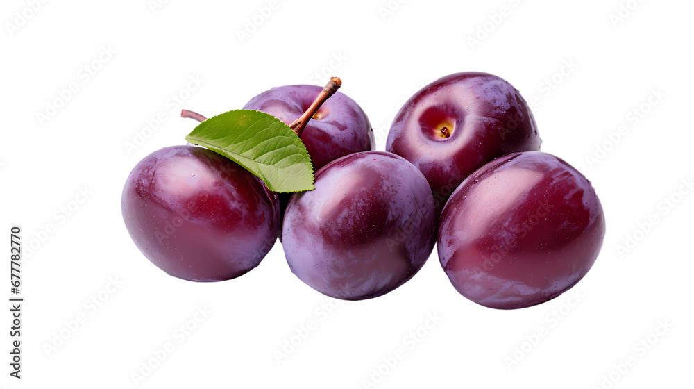 Plums on transparent background, plums on white background, fruit commercial photography