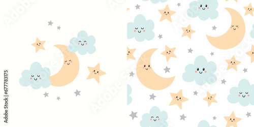 Cute sleeping moon card and seamless pattern. Background for kids with moon, stars and clouds. Vector illustration. It can be used for wallpapers, wrapping, cards, patterns for clothes and other. © Evalinda