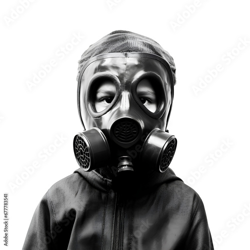 Children wearing gas masks and protecting against germs on PNG transparent background. Nuclear war, germ warfare concept.