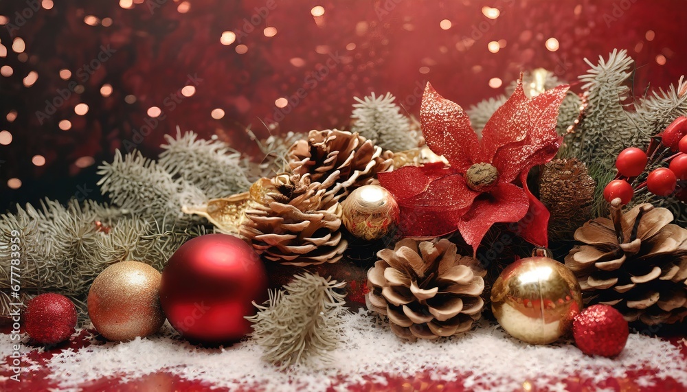 Navidad alegre. Decoración navideña con elementos festivos, confeti, ramas de abeto sobre fondo rojo y brillante, piñas y bolas de Navidad Navidad alegre. Decoración navideña con elementos festivos, confeti, ramas de abeto sobre fondo rojo y brillante, piñas y bolas de Navidad