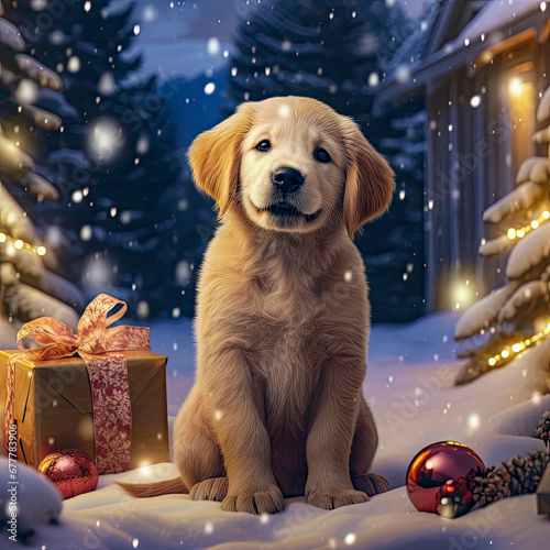 Golden retriever puppy with christmas gift generative ai