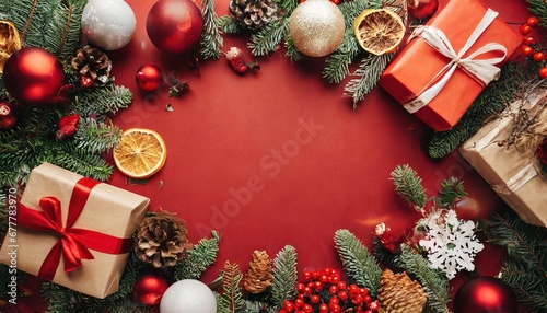 Navidad alegre. Bordes navideños con elementos festivos, confeti, ramas de abeto sobre fondo rojo y brillante. Espacio vacío en el centro. Bolas de Navidad photo