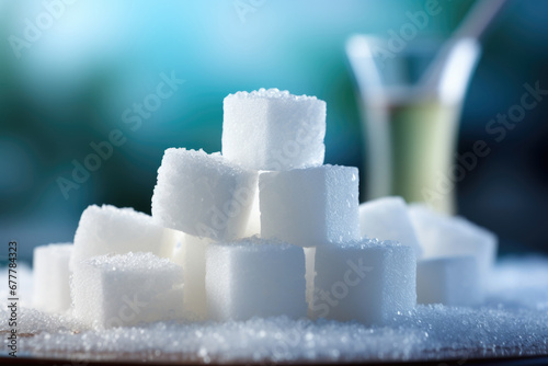 heap of white sugar cubes on a blurry blue background