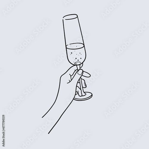 Continuous line champagne cheers one line art, continuous drawing contour on blue background. Wine glasses with drinks. Cheers toast festive decoration for holidays. Vector illustration