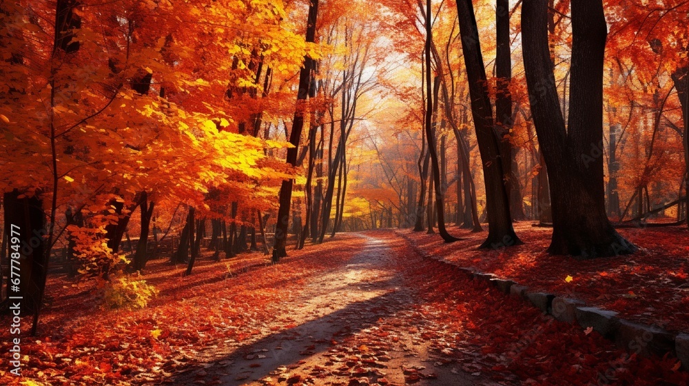 A colorful autumn forest scene, with a carpet of fallen leaves and trees displaying a spectrum of red, orange, and yellow hues.