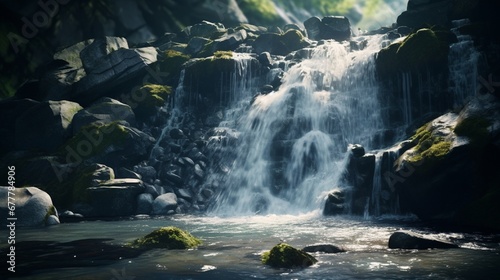 A close-up image of a gentle waterfall  the water flowing over smooth rocks and creating a serene  tranquil atmosphere.