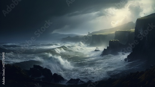 A coastal scene with rugged cliffs overlooking a turbulent ocean  with waves crashing against the shore under a stormy sky.