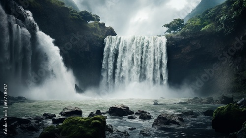 A dynamic  high-resolution image of a powerful waterfall during the rainy season  showcasing the raw force and beauty of nature.