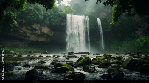 A dynamic, high-resolution image of a powerful waterfall during the rainy season, showcasing the raw force and beauty of nature.