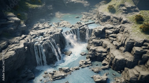 A high-angle shot of a waterfall winding through a rocky landscape  highlighting the contrast between the soft flow of water and the hard stone.