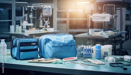 A Blue Bag Filled with Medical Supplies Resting on a Table photo