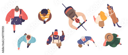 Bustling Urban Scene Captured From Above, Depicting Diverse Characters Walking With Purpose, Vector Illustration