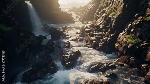 A high-angle shot of a waterfall winding through a rocky landscape, highlighting the contrast between the soft flow of water and the hard stone.
