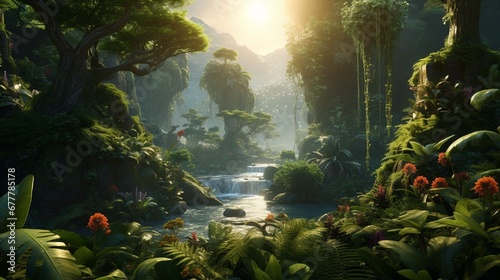 A high-definition image of a dense rainforest  rich with biodiversity  showcasing the lush greenery and vibrant flora under a bright midday sun.