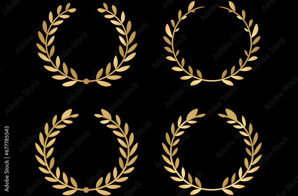 a set of gold wreaths made from flowers and leaves on black background