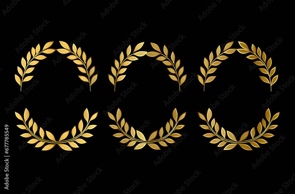 a set of gold wreaths made from flowers and leaves on black background a set of gold wreaths made from flowers and leaves on black background
