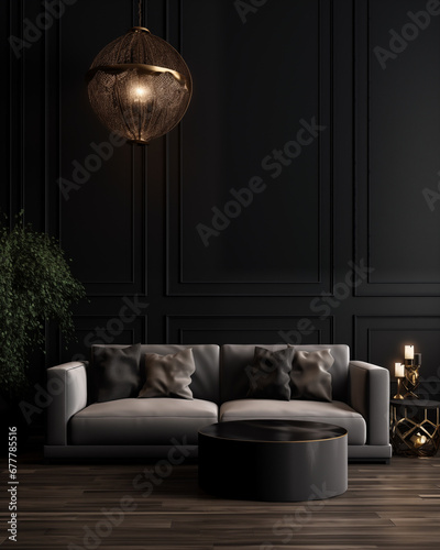AI generated photo shot in Detail shot, modern dark home interior background, wall mock up, 3d render photo