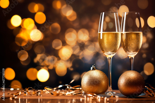 Glasses with champagne and golden Christmas balls on wooden table against holiday lights. Copy space. New Year background
