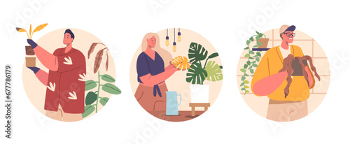 Isolated Round Icons Or Avatars Of Characters Carefully Tend To Wilted Plants, Gently Watering, Trimming Dead Leaves