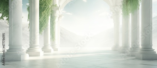 The isolated illustration of an old Greek architecture in a white interior with a background of green marble creates a fantasy concept with a digital light touch combining the elegance of s