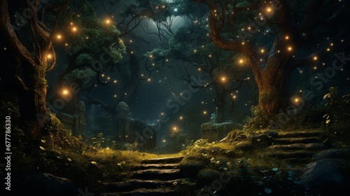 An enchanting night scene in a forest, with fireflies illuminating the darkness, their lights creating a magical, ethereal glow among the trees.