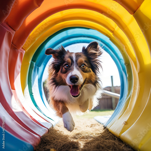 Dog in a dog agility tunnel. photo