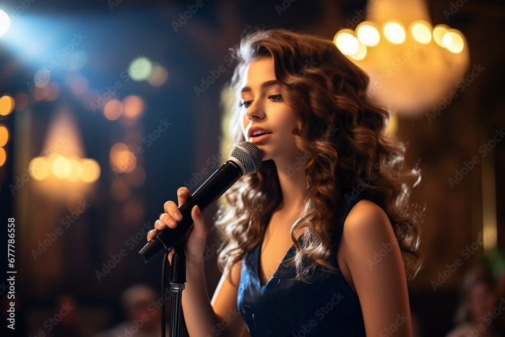 Talented girl, future solo musician sings on the microphone,ai generated Talented girl, future solo musician sings on the microphone,ai generated