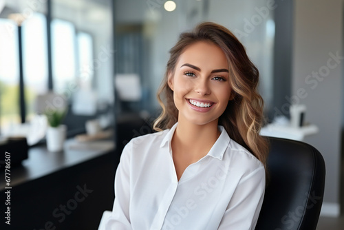 Young smiling woman sitting on chair at dentist office,ai generated