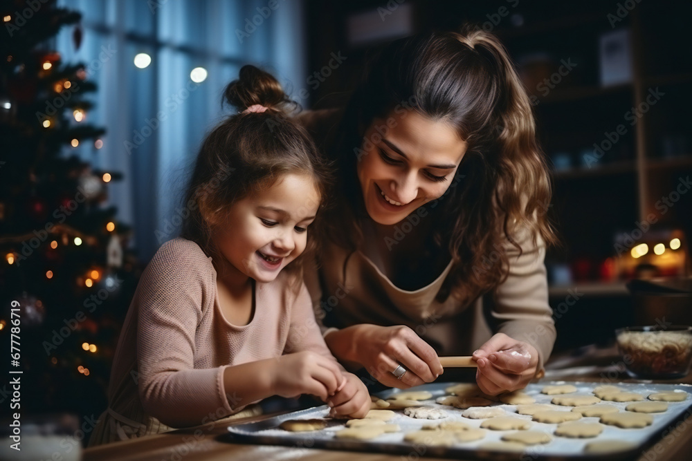 Fototapeta premium mother and child decorating christmas cookies,ai generated