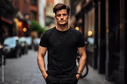 Male model in a classic black cotton T-shirt,ai generated