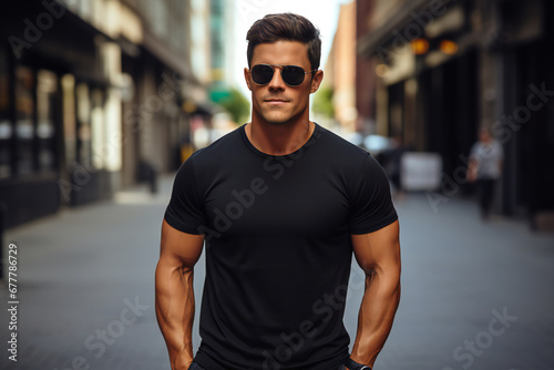 Male model in a classic black cotton T-shirt,ai generated