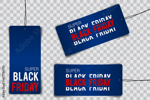 Black friday tag rectangular banner and the rope hanging on transparent background