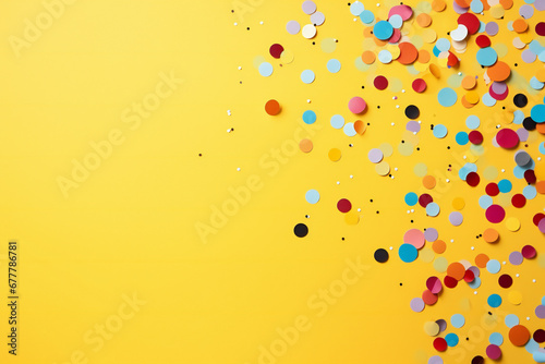 Bright multi colored confetti on a yellow background,ai generated