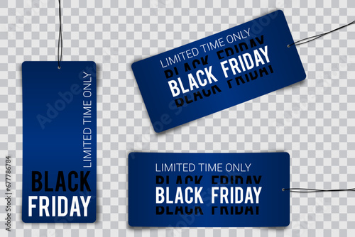 Black friday tag rectangular banner and the rope hanging on transparent background