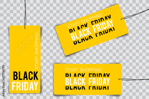 Black friday tag rectangular banner and the rope hanging on transparent background
