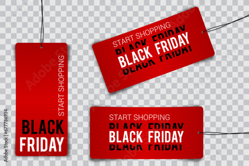 Black friday tag rectangular banner and the rope hanging on transparent background