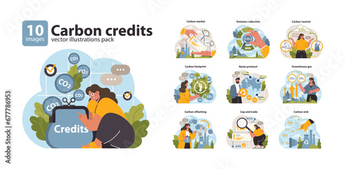 Carbon credits set. Professionals managing CO2 emissions. Emission reduction, carbon market, and Kyoto protocol. Engaging in eco-friendly practices. Flat vector illustration.