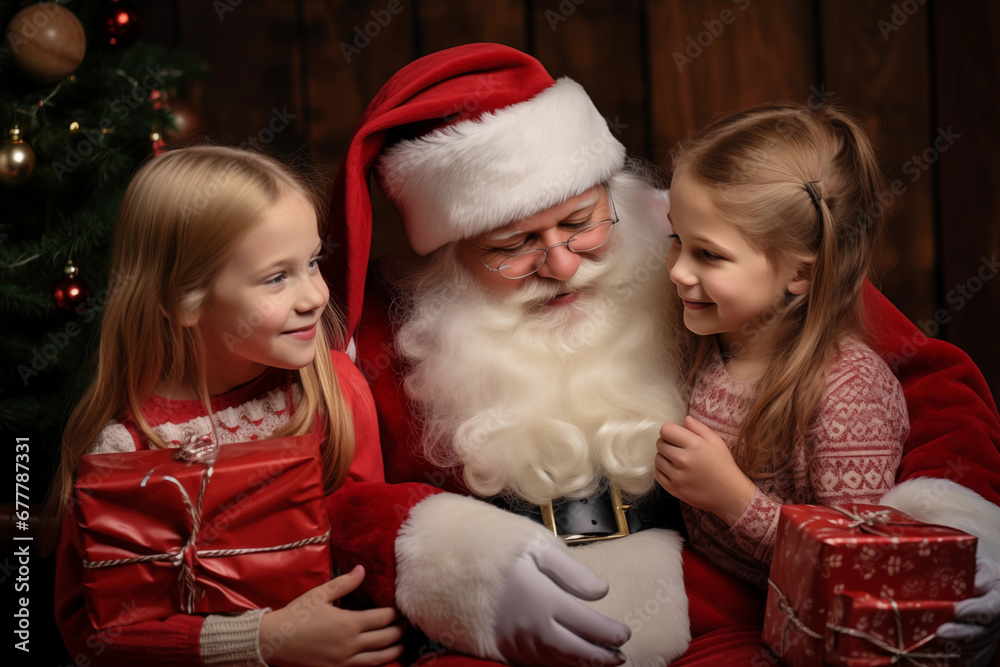 Deux jeunes filles avec le père Noël et des cadeaux.