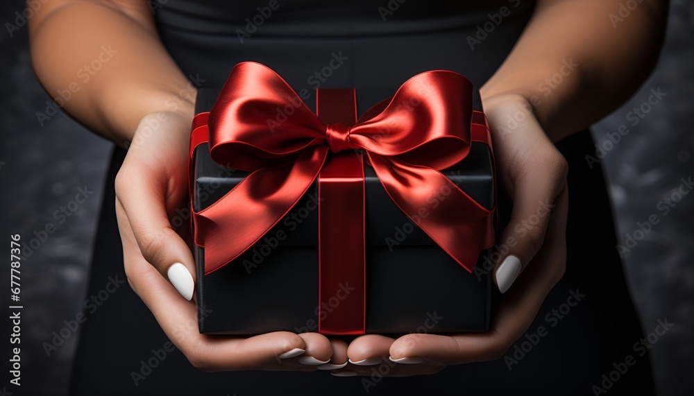 Woman's hand holding black gift box with red bow and a black background Woman's hand holding black gift box with red bow and a black background