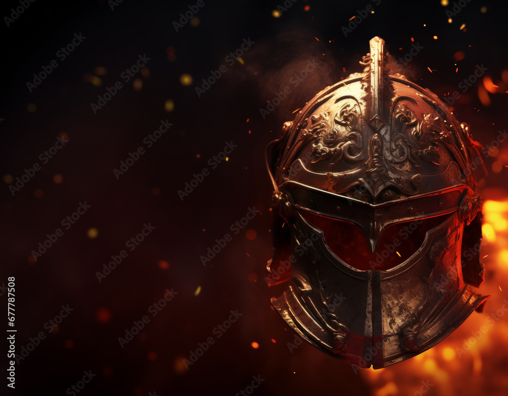Epic Battle Blaze - Helmet in a Storm of Fire - Copy space for text - black background - obrazy, fototapety, plakaty 
