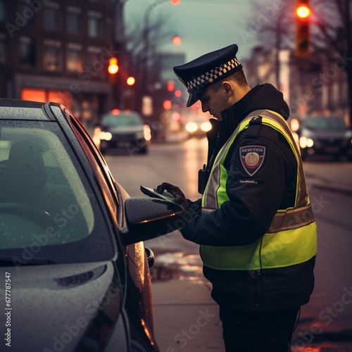 Traffic officer giving a fine to a driver.