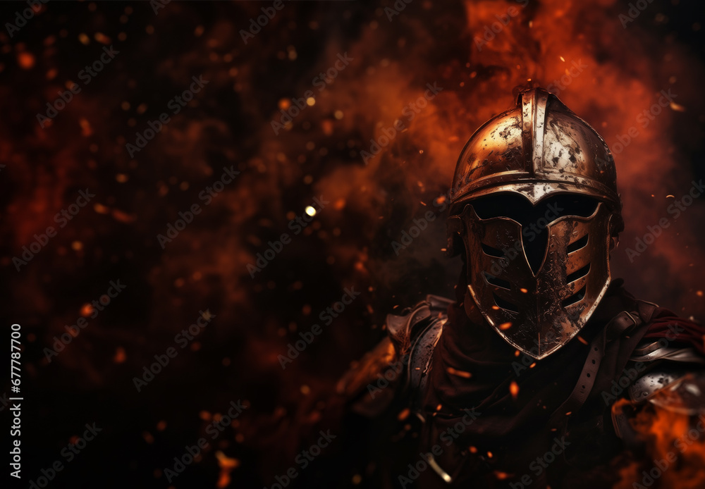 Inferno Guardian - Burning Helmet Amidst Smoke - Copy text space - Fantasy flaming medieval knight