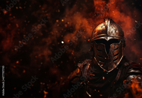 Inferno Guardian - Burning Helmet Amidst Smoke - Copy text space - Fantasy flaming medieval knight