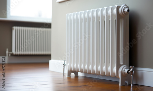 White big radiator heater in white living room, heating system at home