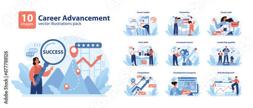 Career Advancement set explores professional growth, showcasing promotion, leadership skills, and income increase. Navigating job success strategies. Flat vector illustration.