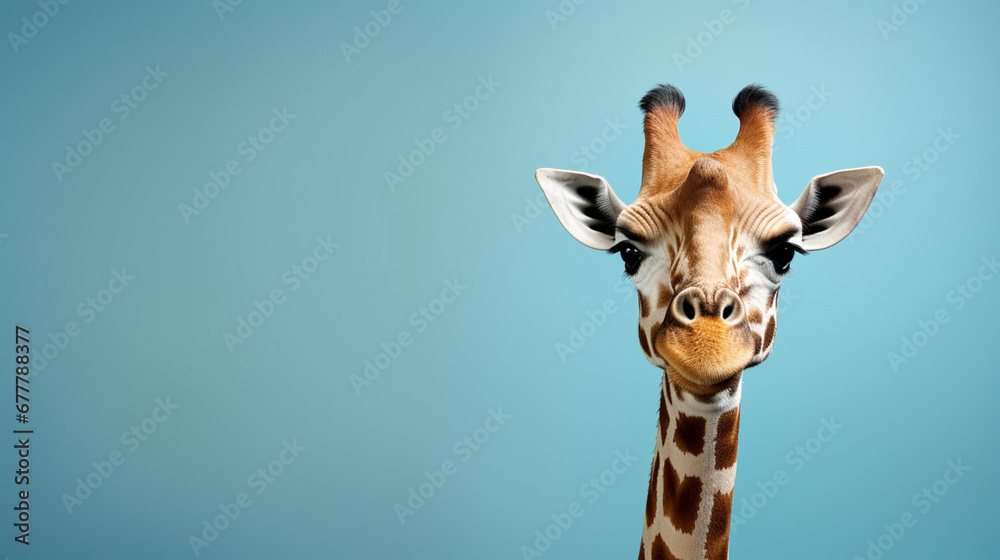 Banner with giraffe on isolated blue background. Copy space. Generative AI