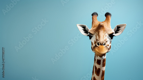 Banner with giraffe on isolated blue background. Copy space. Generative AI