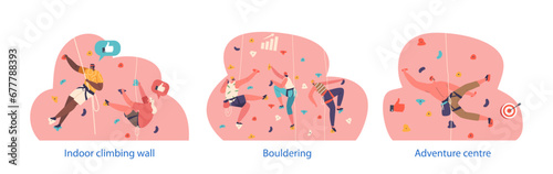 Isolated Elements with Climbers Scaling Colorful Bouldering Walls, Showcasing Strength, Balance, And Determination